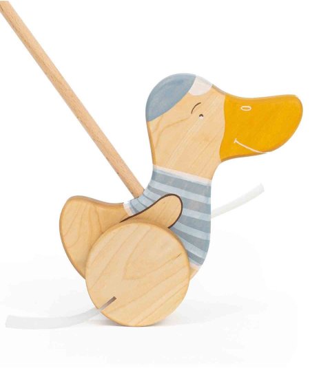 Jouets en bois, figurines-Jouet en bois à pousser Canard Bleu-Friendly Toys-Mer(e)veilleuse