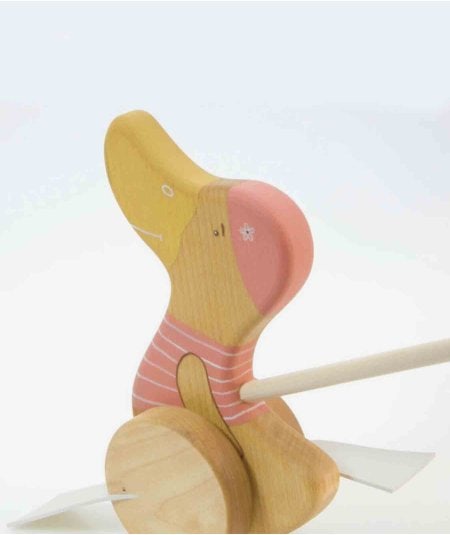 Jouets en bois, figurines-Jouet en bois à pousser Canard Rose-Friendly Toys-Mer(e)veilleuse