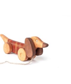 Jouets en bois, figurines-Jouet en bois à tirer Chien saucisse Rouge-Friendly Toys-Mer(e)veilleuse