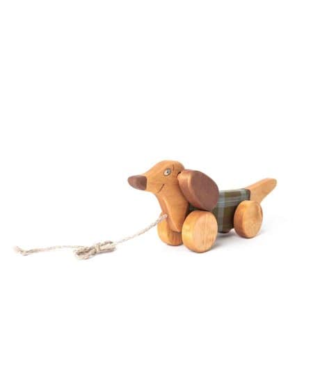 Jouets en bois, figurines-Jouet en bois à tirer Chien saucisse Vert-Friendly Toys-Mer(e)veilleuse