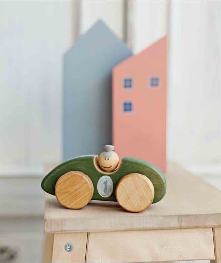 Jouets en bois, figurines-Jouet en bois voiture de course vintage verte-Friendly Toys-Mer(e)veilleuse