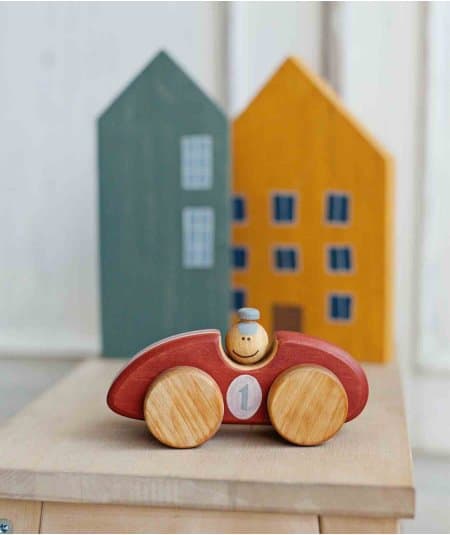 Jouets en bois, figurines-Jouet en bois voiture de course vintage rouge-Friendly Toys-Mer(e)veilleuse